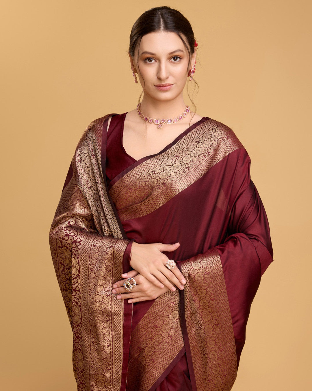 Maroon color soft kanchipuram silk saree with zari weaving work