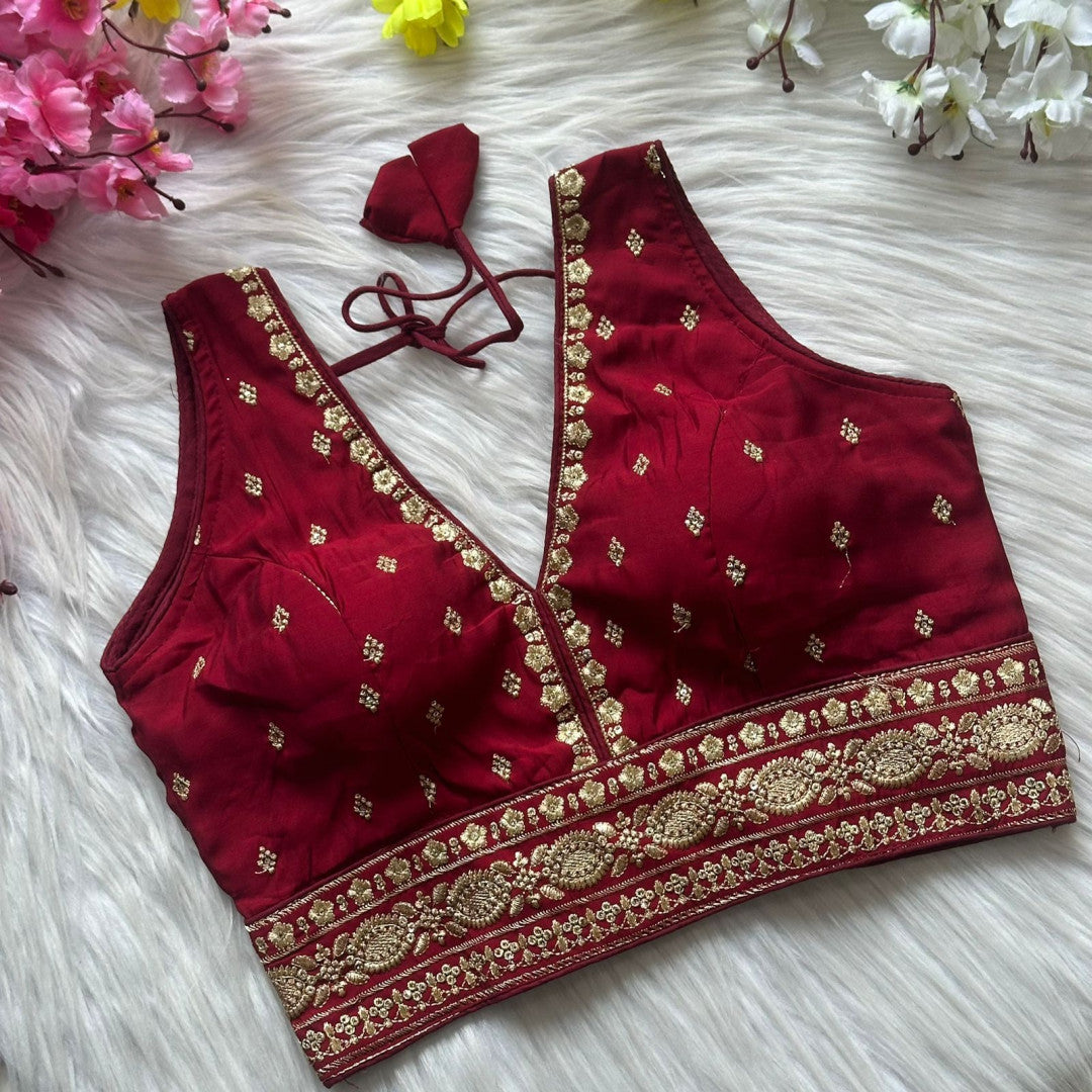 Maroon heavy roman silk readymade blouse with embroidery and sequence work