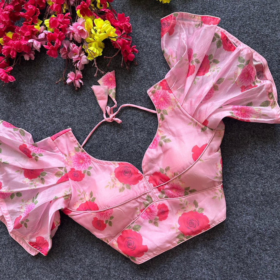 Baby pink pure organza readymade blouse with printed work