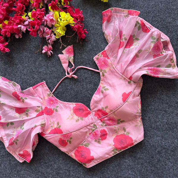 Baby pink pure organza readymade blouse with printed work