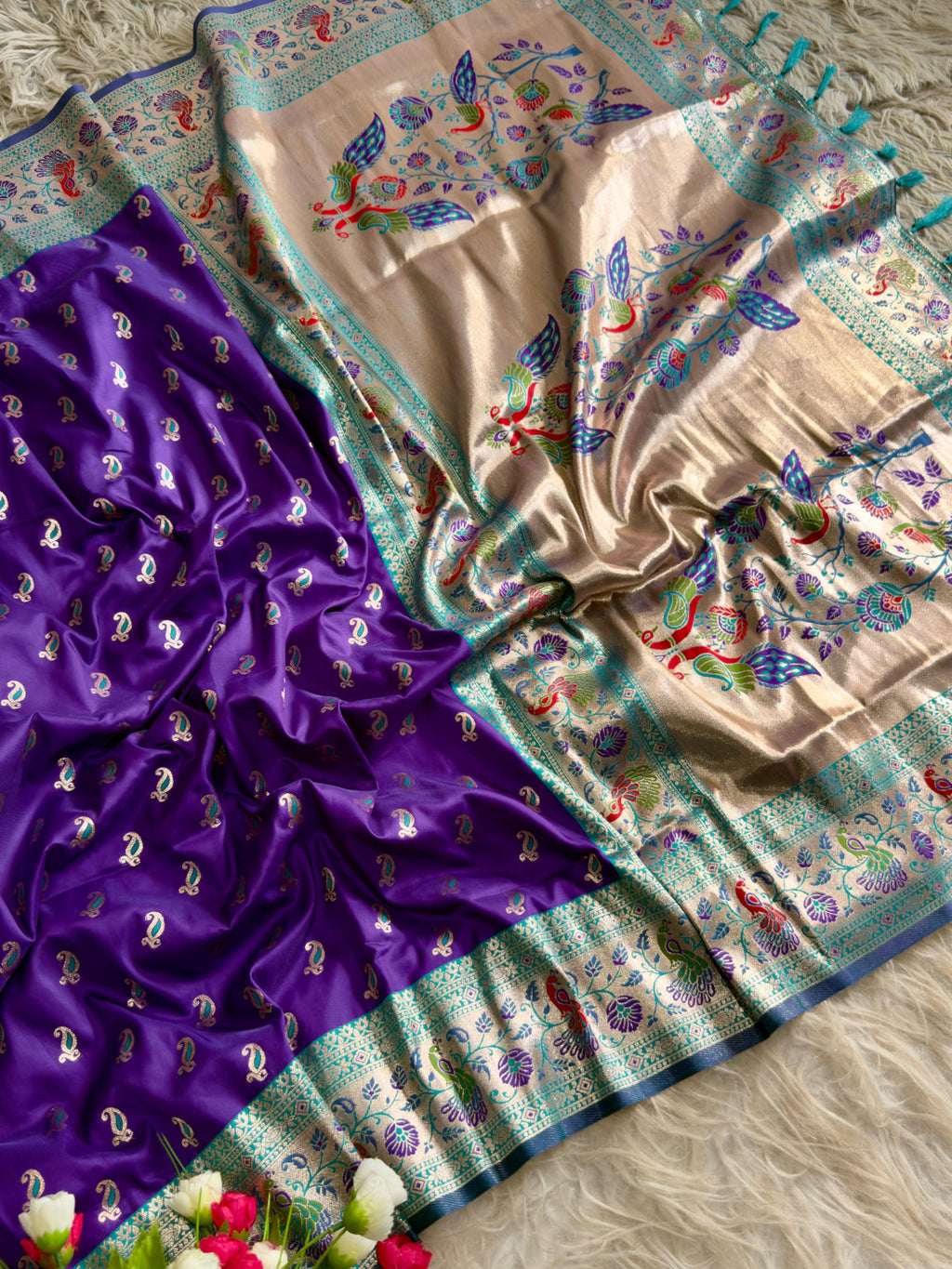 Purple traditional paithani silk saree with peacock zari weaving work