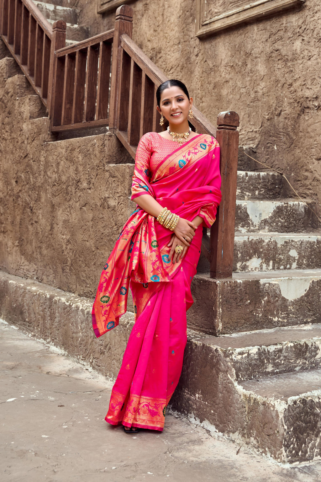 Traditional pink paithani silk saree with zari weaving work