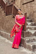 Traditional pink paithani silk saree with zari weaving work