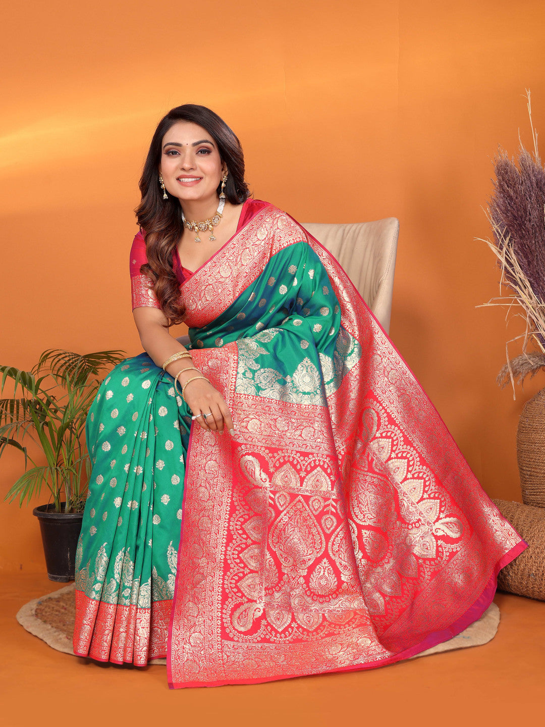 Rama green traditional banarasi silk saree with zari weaving work