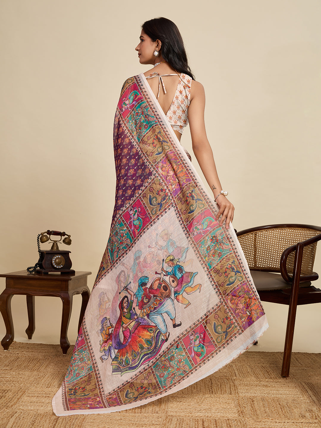 Multi linen cotton saree with digital printed work and silver zari border