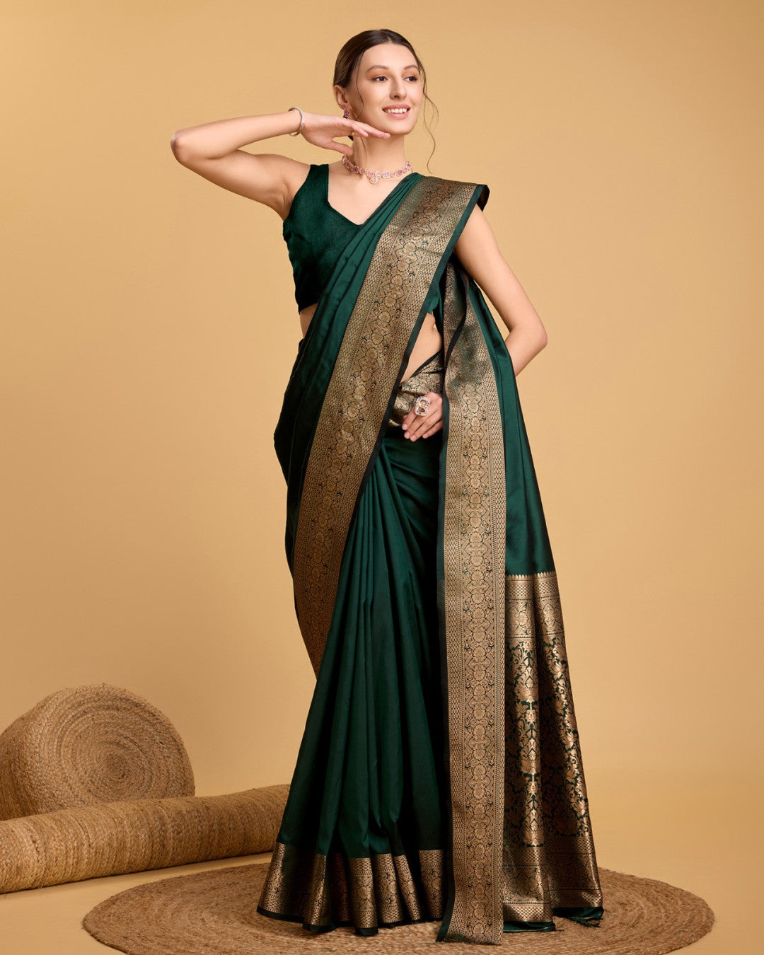Dark green color soft kanchipuram silk saree with zari weaving work