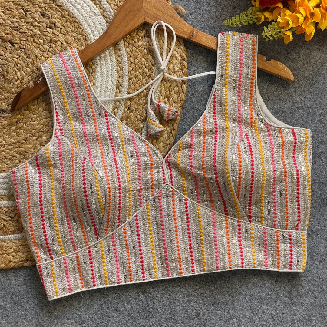 Off white fox georgette fancy readymade blouse with embroidery work