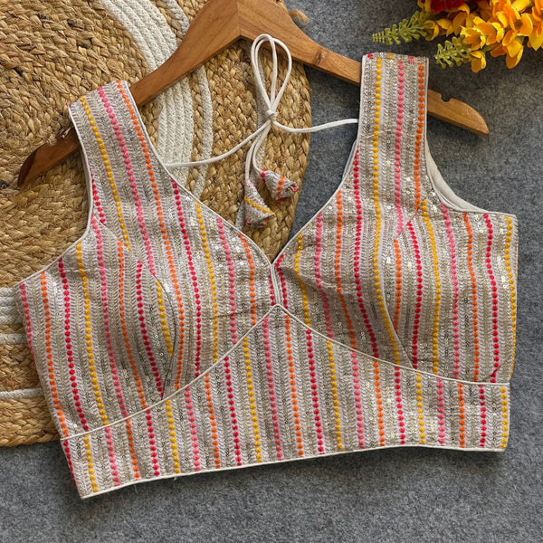 Off white fox georgette fancy readymade blouse with embroidery work