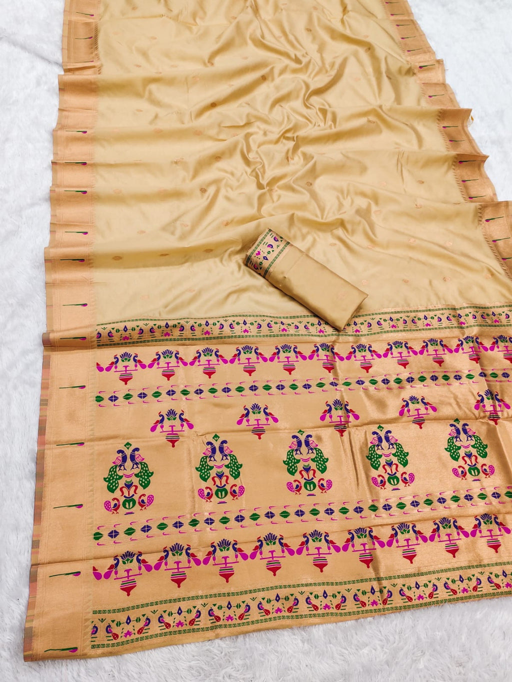 Beige lichi silk paithani saree with copper zari weaving work