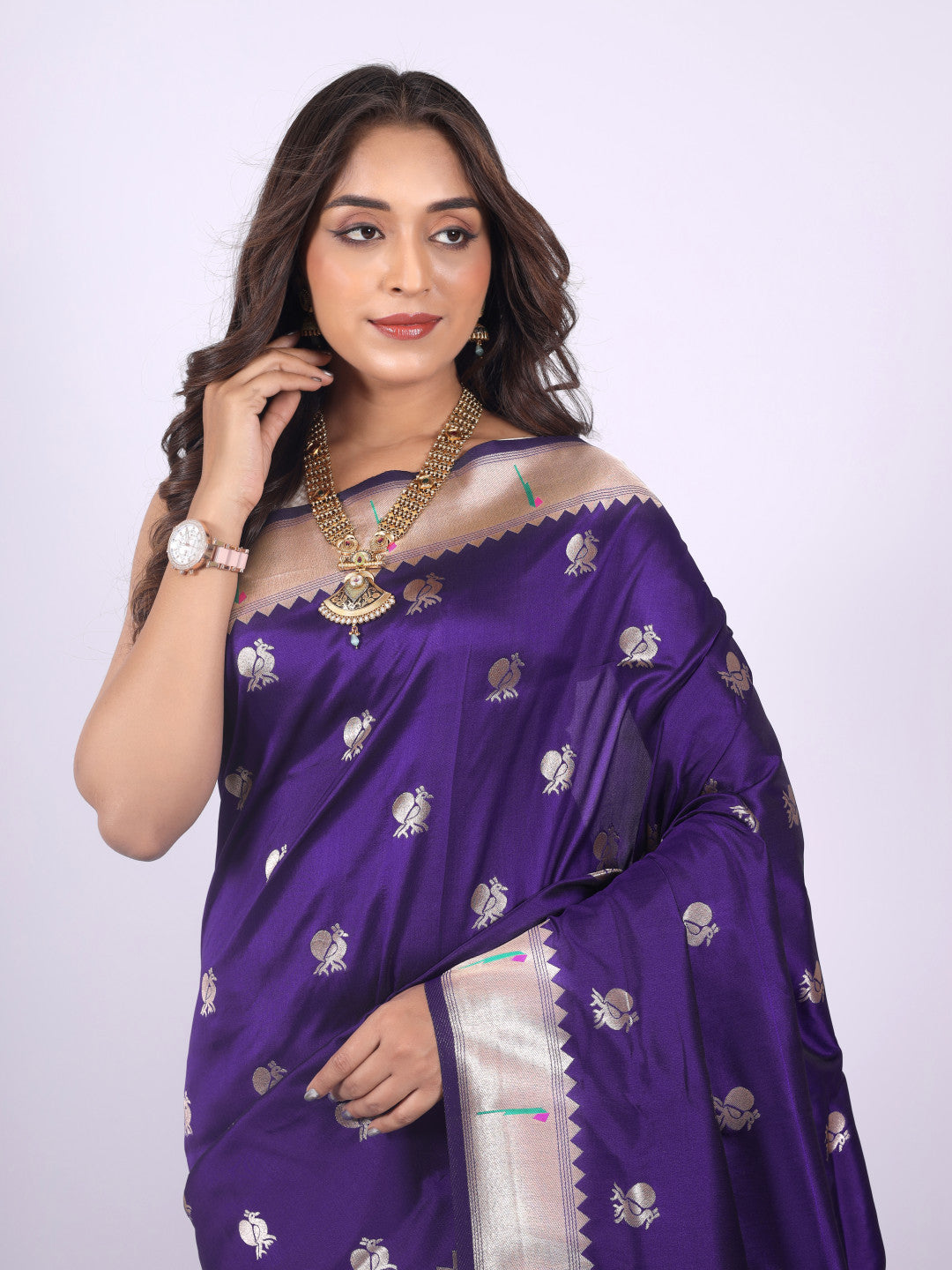 Violet color paithani silk saree with zari weaving work