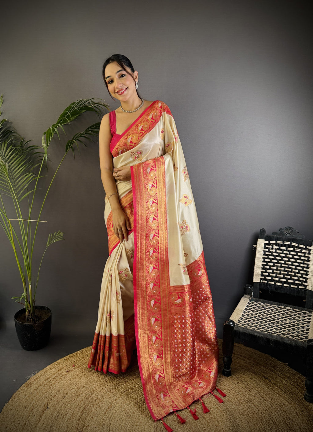 Off white traditional banarasi silk saree with zari weaving work