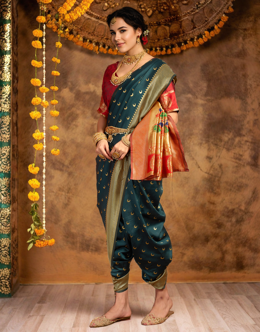 Traditional dark green chand design paithani silk saree with zari weaving work