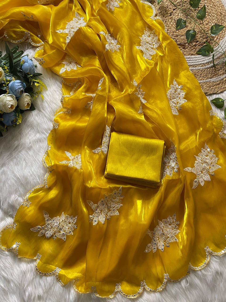 Yellow fancy jimmy choo silk saree with embroidery and sequence work