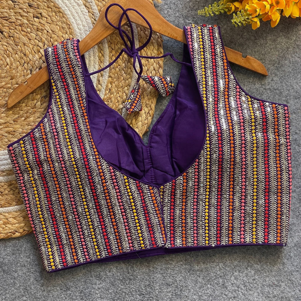 Purple fox georgette fancy readymade blouse with embroidery work