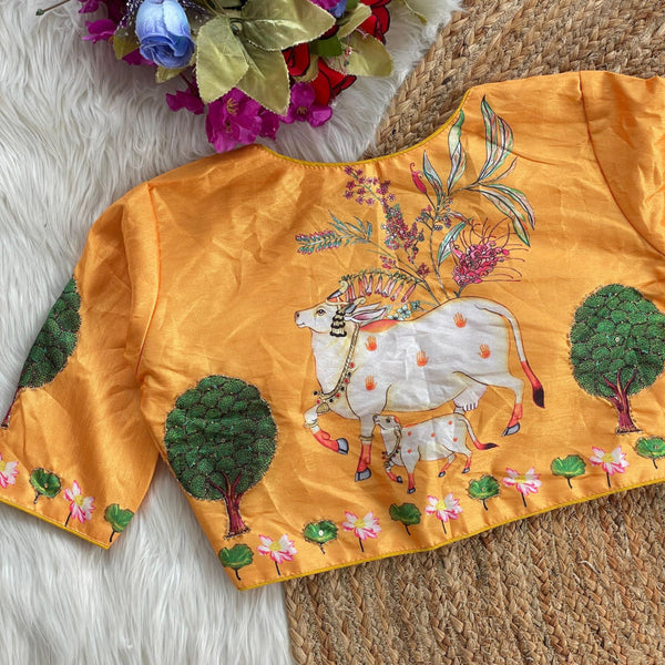 Yellow silk readymade blouse with pichwai printed work