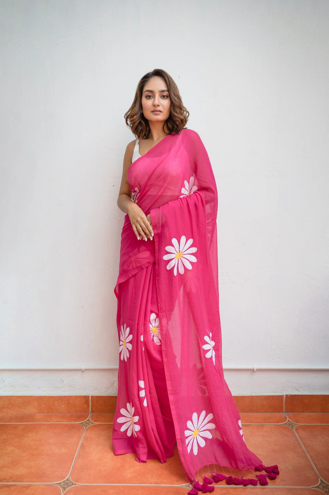 Pink fancy khadi cotton saree with flower printed work