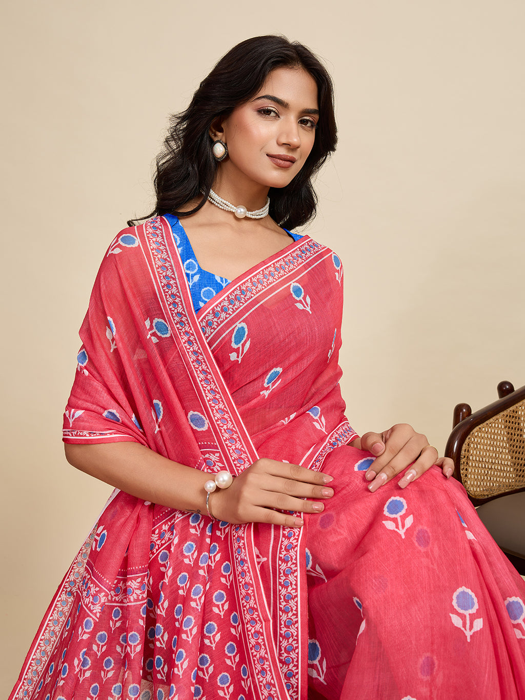 Multi linen cotton saree with digital printed work and silver zari border