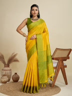 Yellow color khadi raw silk saree with zari lining pallu with tample border