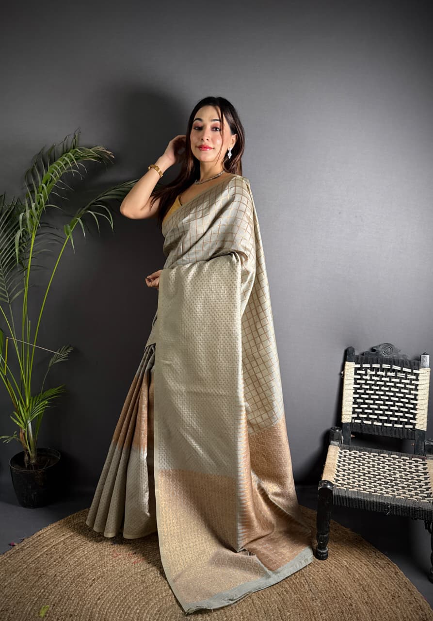 Gray color banarasi silk saree with zari weaving work