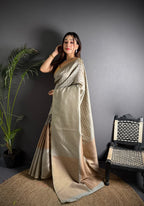 Gray color banarasi silk saree with zari weaving work