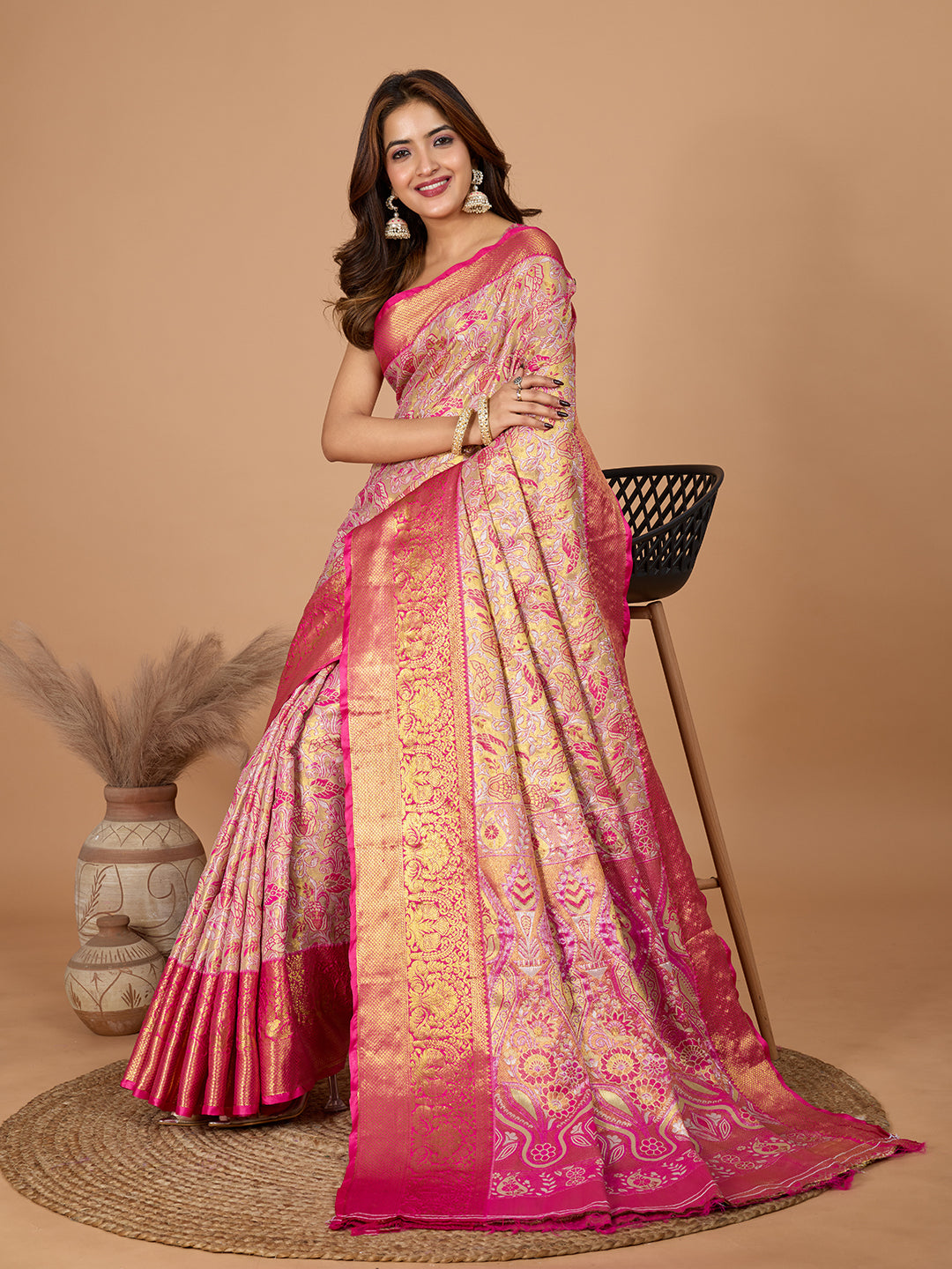 Peach kanjivaram silk saree with zari weaving work
