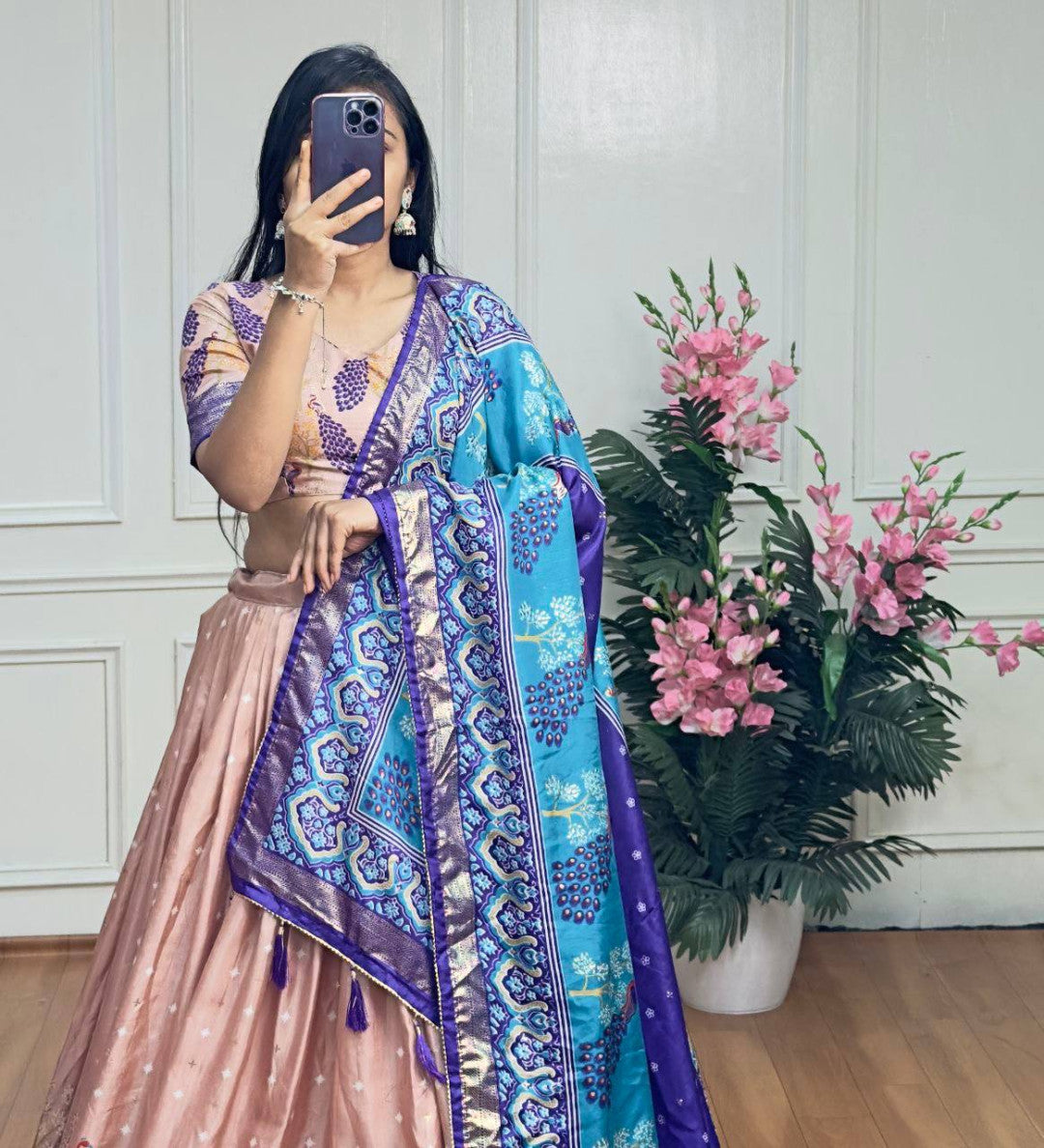 Peach and blue color dola silk lehenga with foil and patola printed work