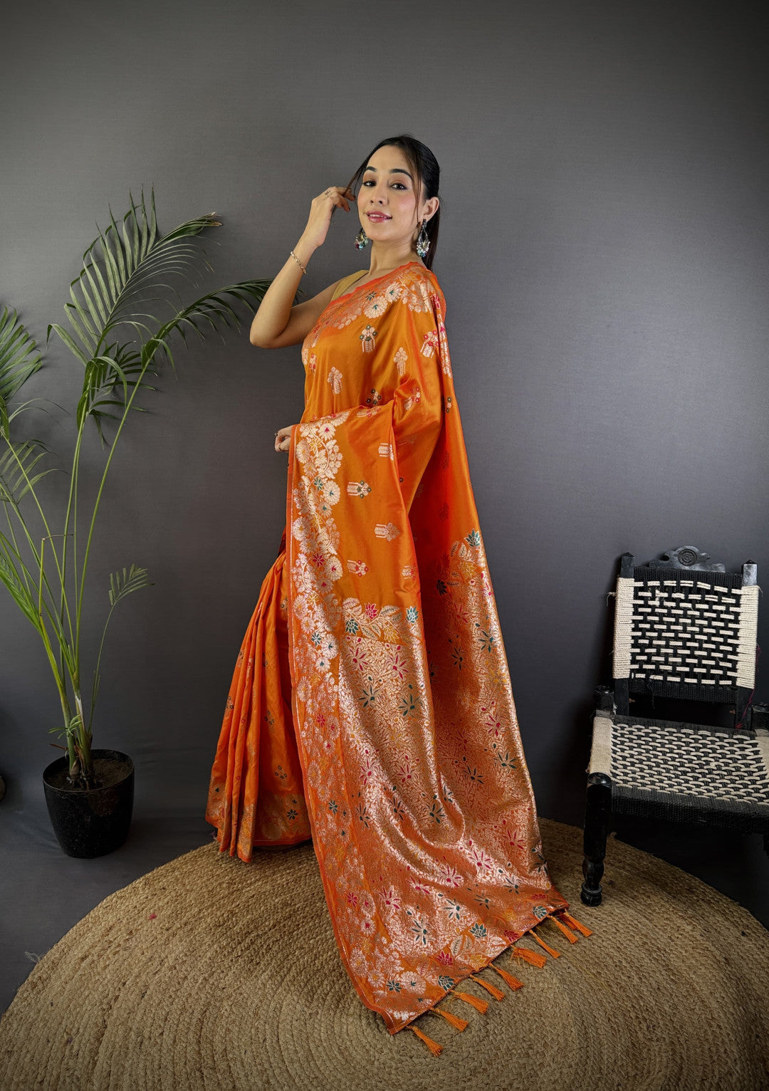 Orange premium banarasi silk saree with meenakari zari weaving work