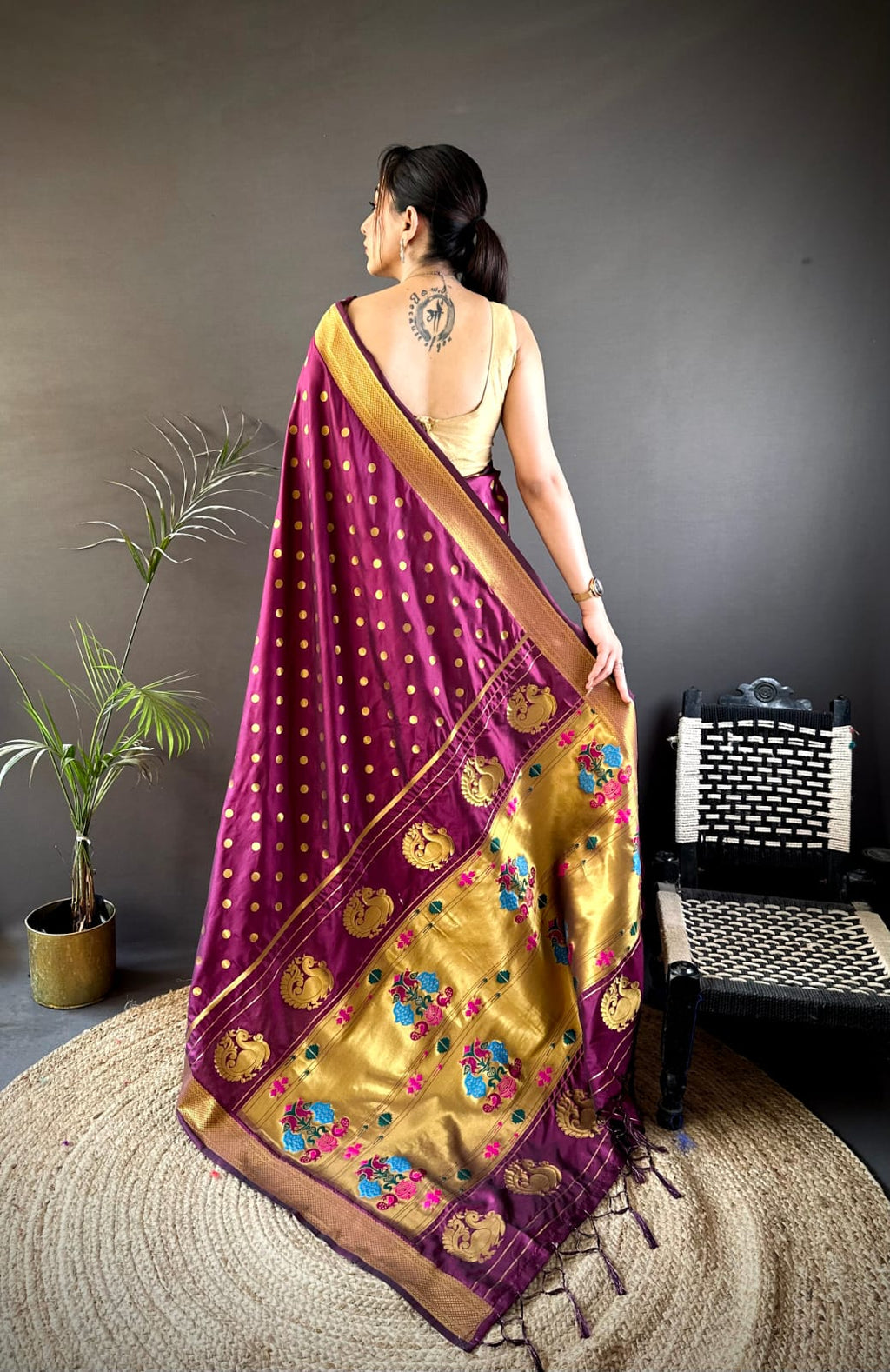 Magenta traditional paithani silk saree with zari weaving work