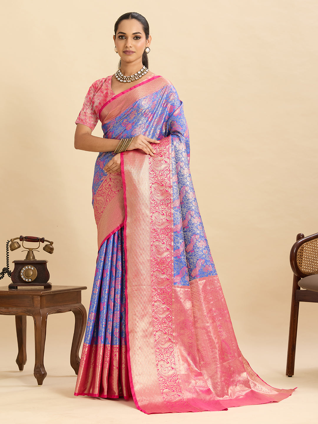 Blue kanjivaram silk saree with zari weaving work and big border