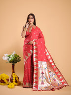 Red color paithani silk saree with zari weaving work