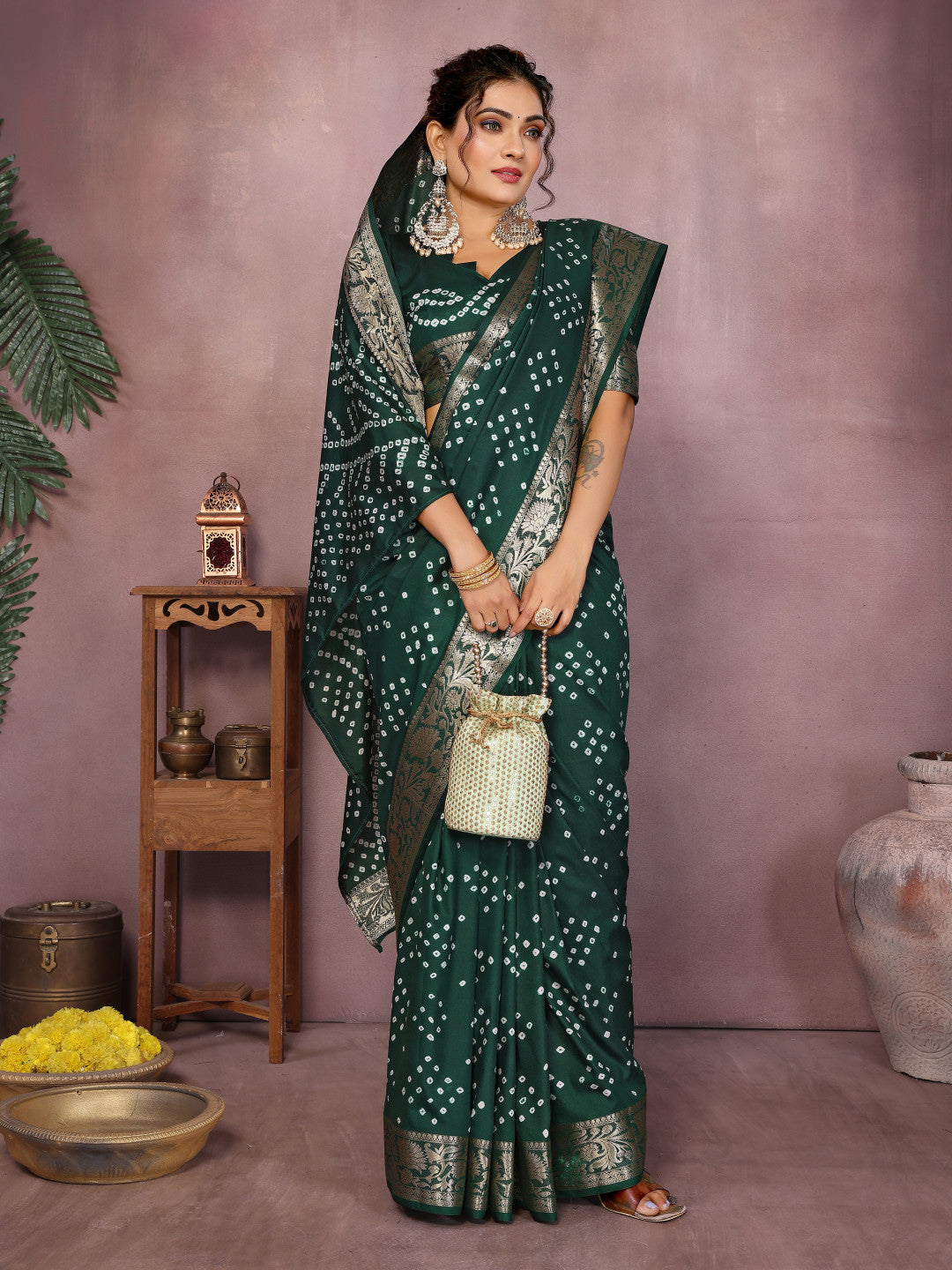 Green colour hand bandhej bandhani saree with zari weaving work