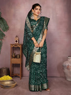 Green colour hand bandhej bandhani saree with zari weaving work