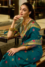 Traditional morpeach paithani silk saree with zari weaving work