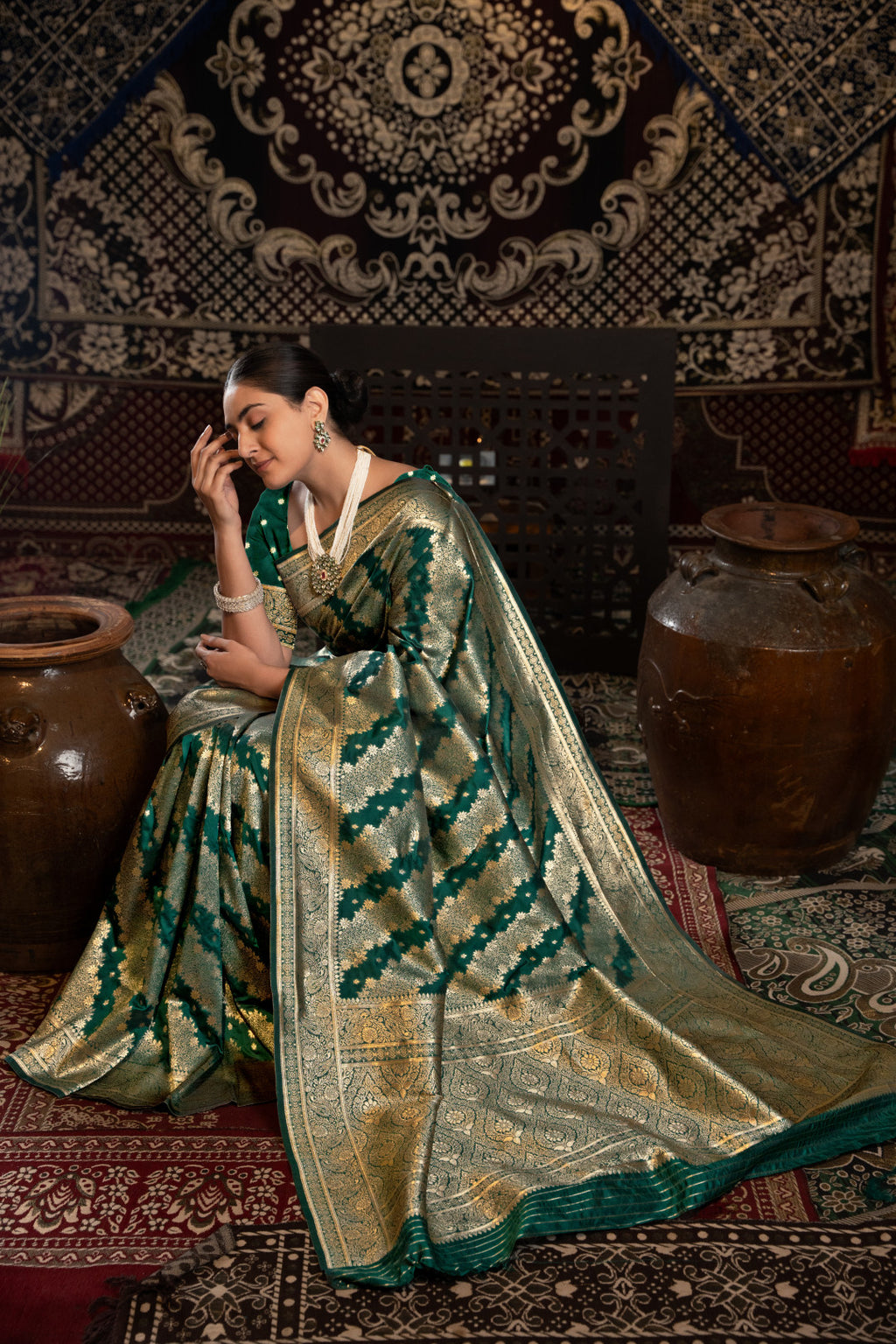 Bottle green banarasi silk saree with zari woven work