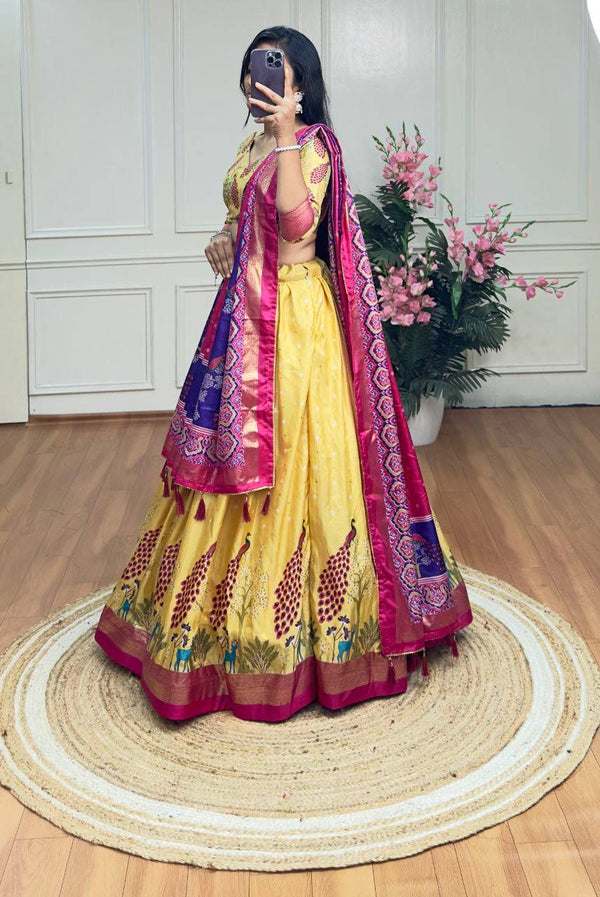 Yellow and pink color dola silk lehenga with foil and patola printed work