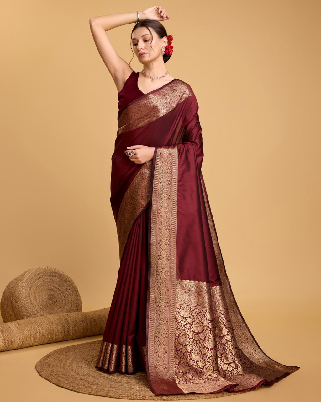 Maroon color soft kanchipuram silk saree with zari weaving work