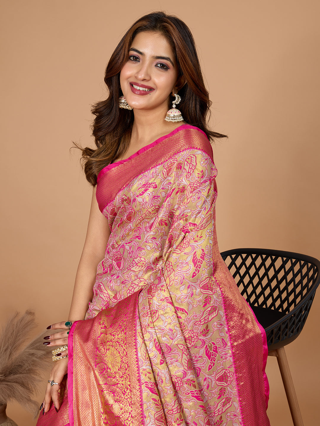 Peach kanjivaram silk saree with zari weaving work