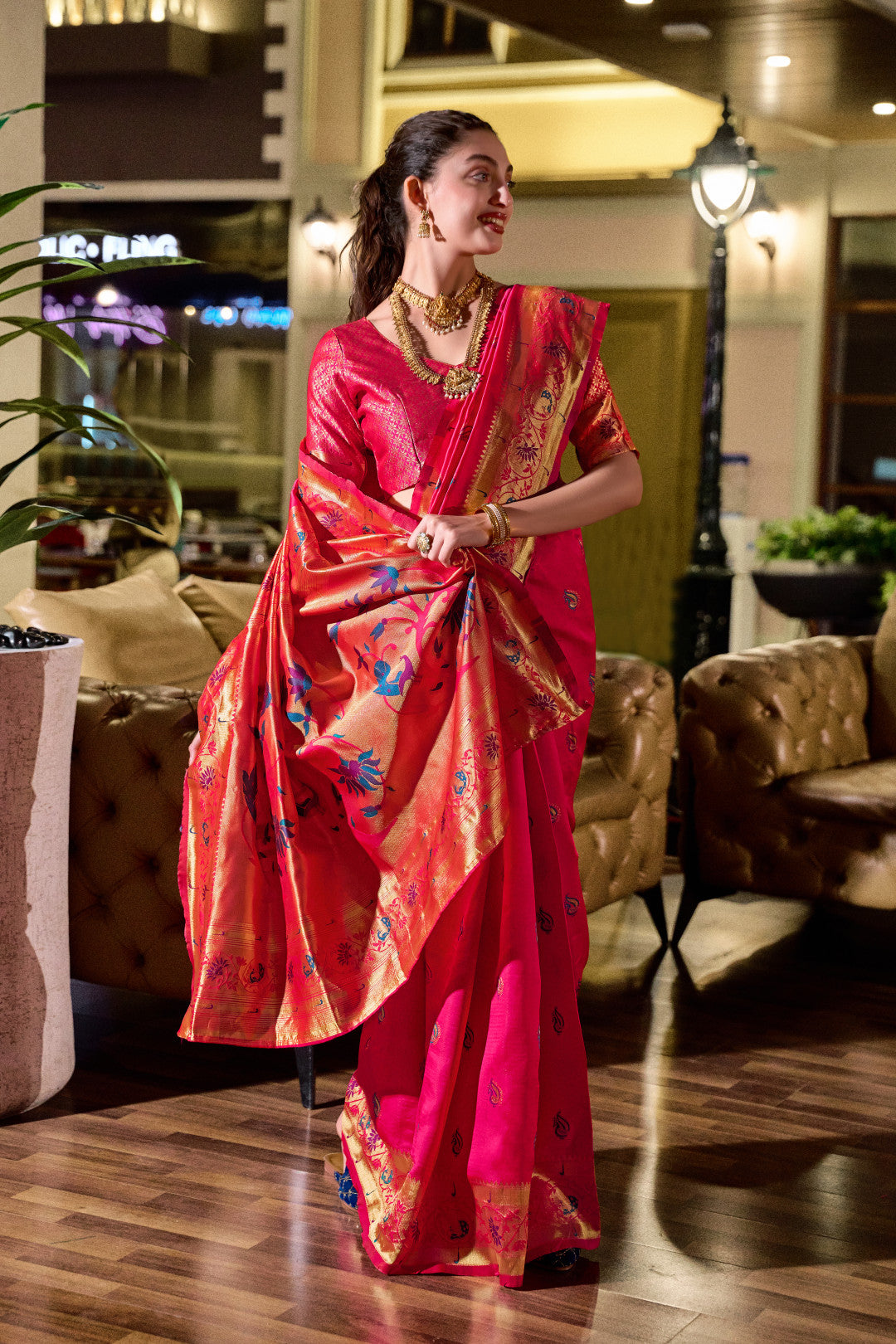 Traditional pink paithani silk saree with zari weaving work