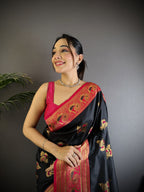 Black traditional banarasi silk saree with zari weaving work