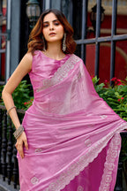 Baby pink fancy shimmer chiffon saree with embroidery work