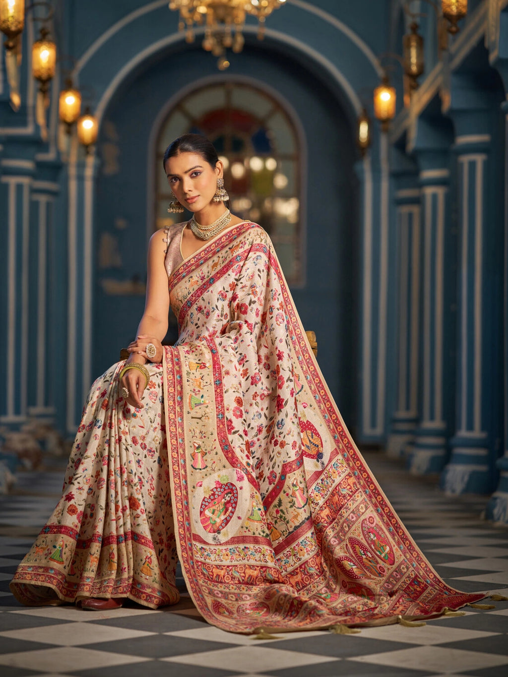 Beige exclusive pure pashmina silk saree with woven design