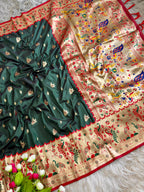 Dark green traditional paithani silk saree with peacock zari weaving work