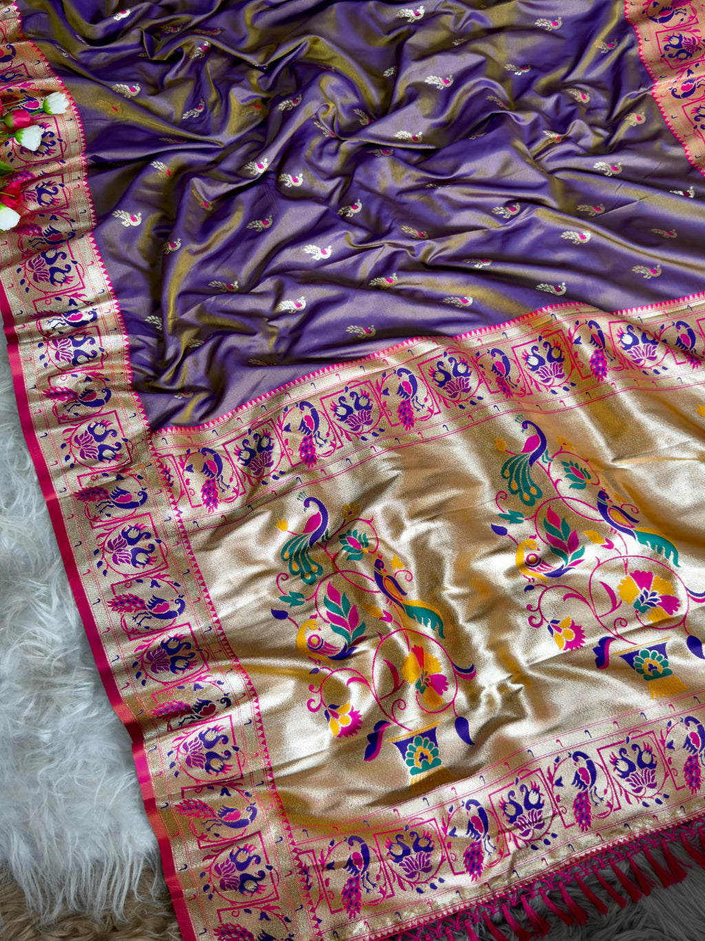 Lavender traditional paithani silk saree with peacock zari weaving work