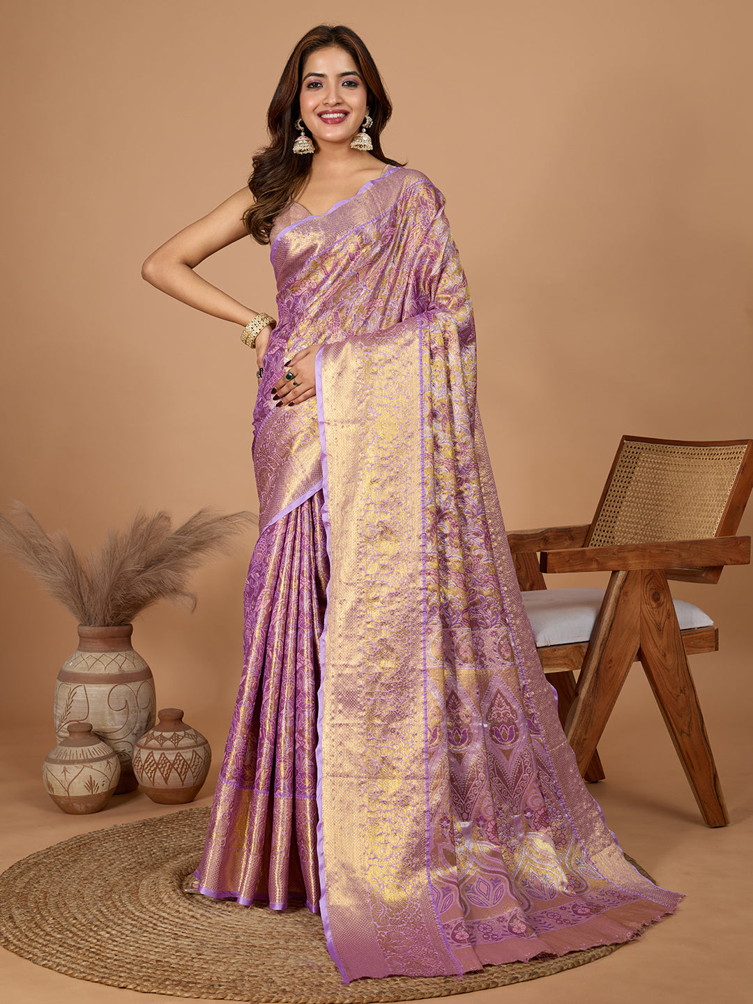 Light lavender kanjivaram silk saree with zari weaving work