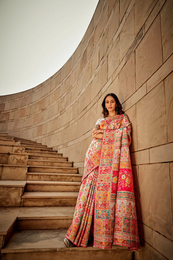 White traditional pashmina cotton saree with woven design