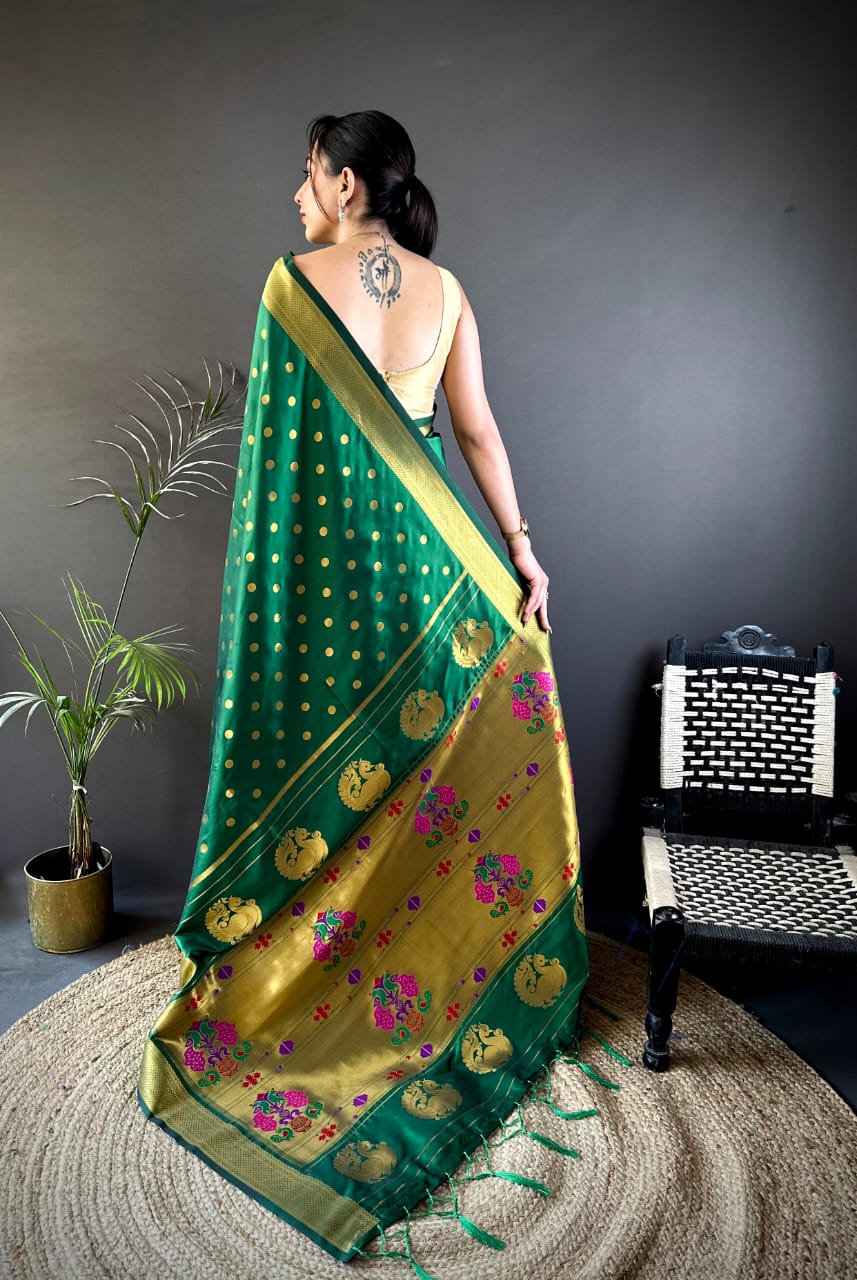 Green traditional paithani silk saree with zari weaving work