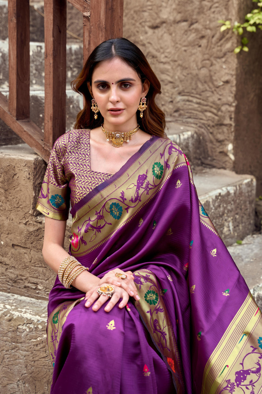 Traditional magenta paithani silk saree with zari weaving work
