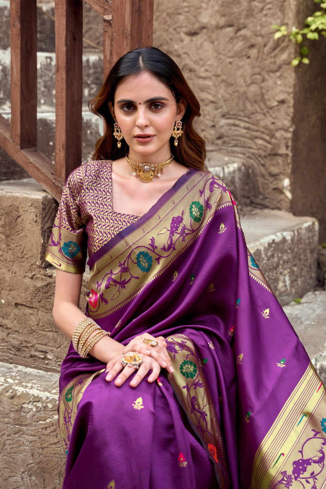 Traditional magenta paithani silk saree with zari weaving work
