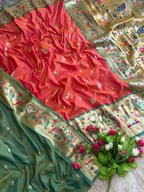 Orange traditional paithani silk saree with peacock zari weaving work