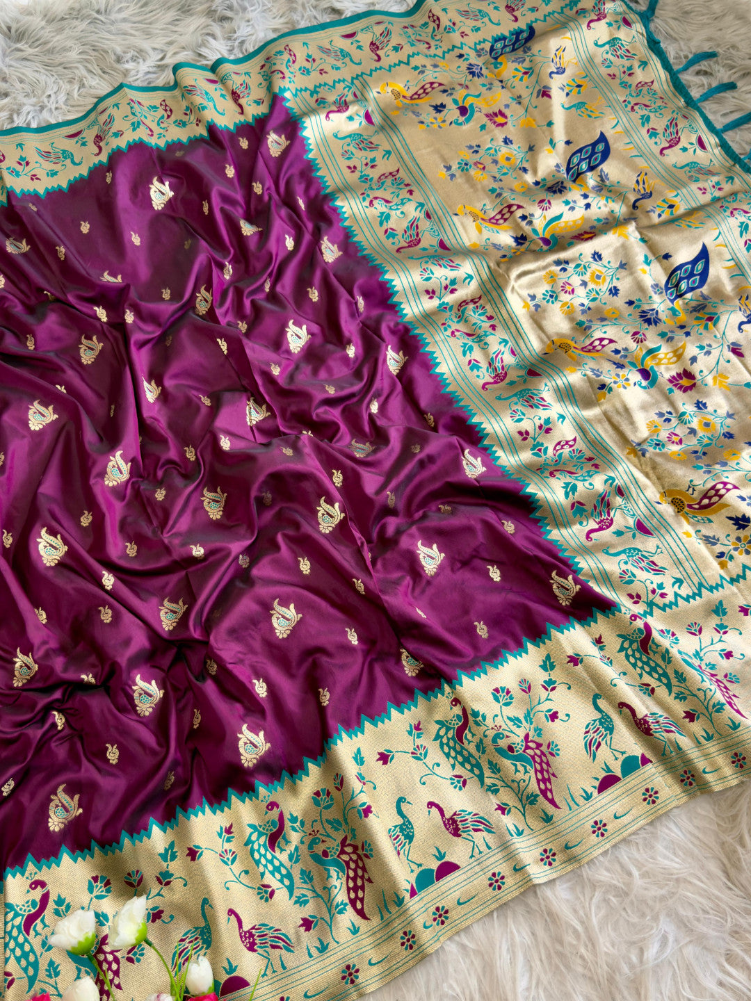 Magenta traditional paithani silk saree with peacock zari weaving work